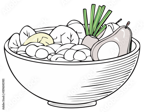 Healthy vegan meal bowl with fresh vegetables beans and avocado illustration