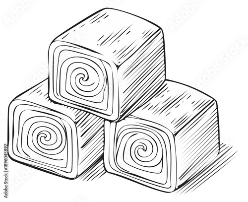 Stack of Turkish Delight Candy Cubes, Hand-Drawn Dessert Illustration