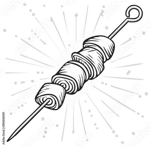 Sketch drawing of meat skewer with shish kebab on metal stick. Monochrome illustration with light effects, perfect for barbecue food concept, cook book design
