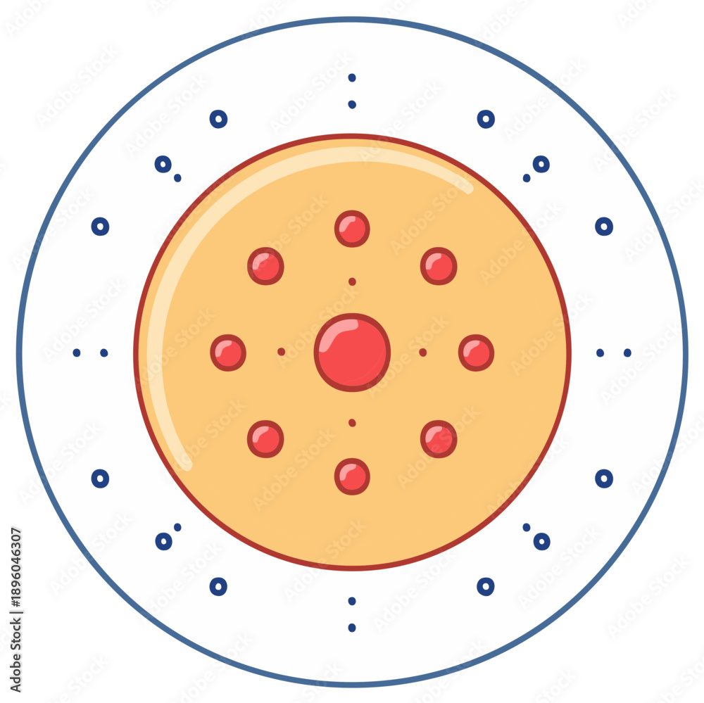 Fototapeta premium Abstract pizza-like graphic with red toppings on a round base and dotted circle