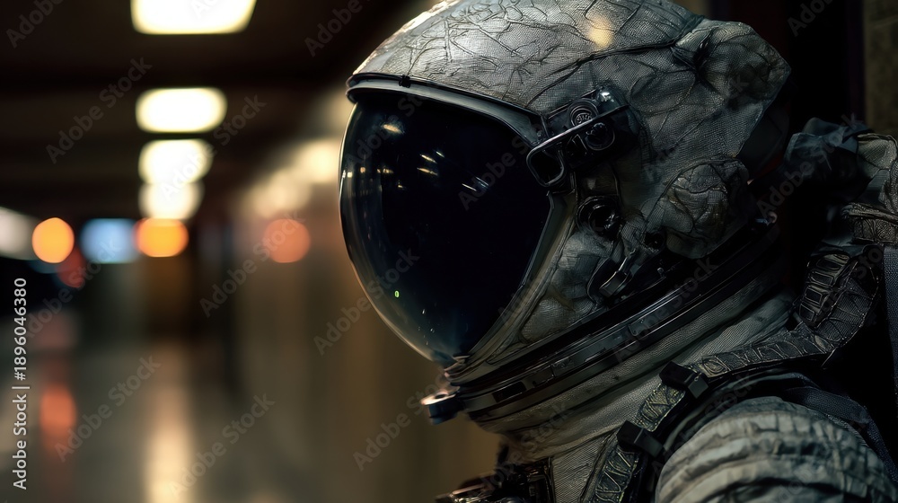 Fototapeta premium Astronaut in a space suit with a dark visor looking forward, depicting exploration and futuristic travel for a banner design.