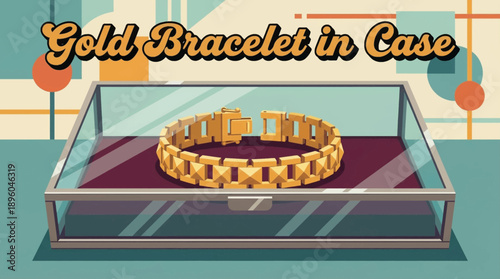 gold bracelet showcased cartoon vector illustration inside a glass jewelry display case, perfect for retail marketing and packaging graphics