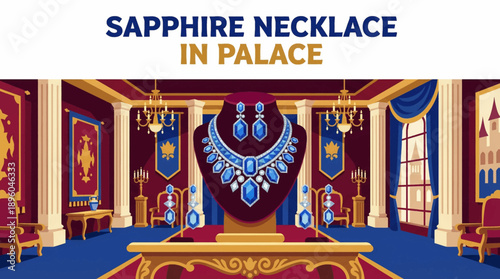 sapphire necklace set within a royal palace interior vector illustration, suitable for luxury branding and heritage storytelling