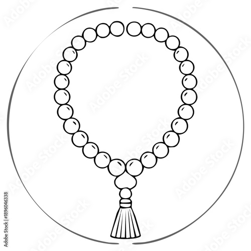 Outline of prayer beads or mala with a tassel inside a circular frame