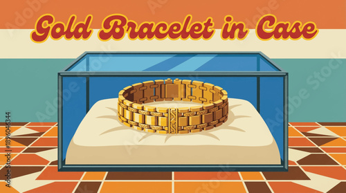 gold bracelet showcased cartoon vector illustration inside a glass jewelry display case, perfect for retail marketing and packaging graphics