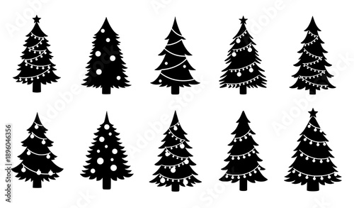 Minimal comic Christmas tree silhouettes vector set with festive decorations