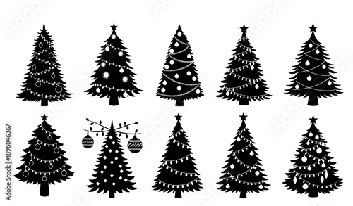 Comic-style Christmas tree silhouette vector set with ornaments and lights