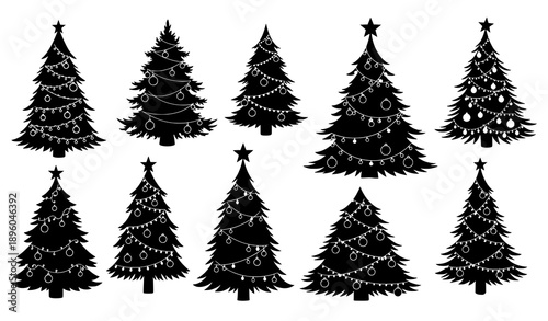 Decorative comic Christmas tree silhouette vector illustrations with ornaments