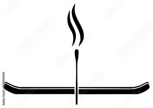 Silhouette Illustration: Flaming Matchstick Intersecting Two Parallel Bars, Simple Graphic Design