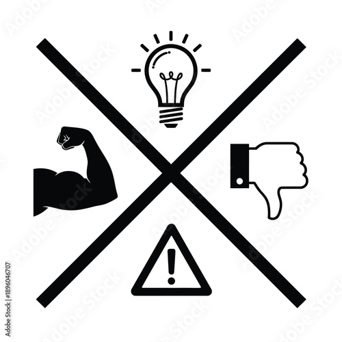 Rejected ideas concept with thumbs down and crossed out symbols