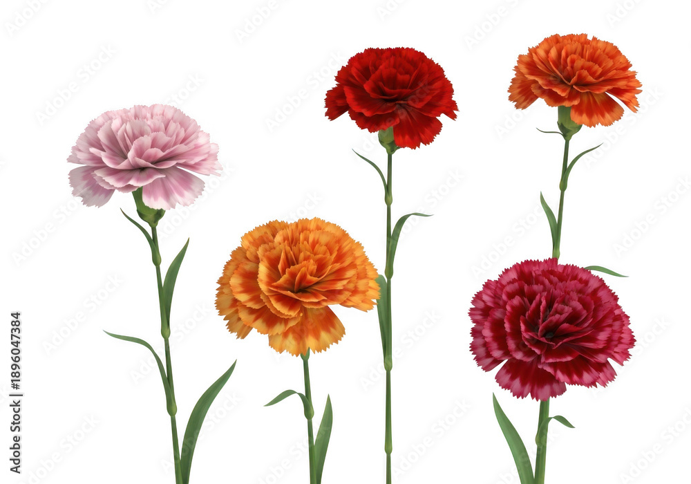 Fototapeta premium Five colorful carnation flowers with green stems and leaves on a black background