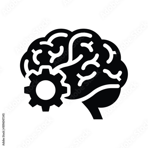 Black silhouette of a brain with a gear integrated into it, symbolizing innovation and mechanical intelligence