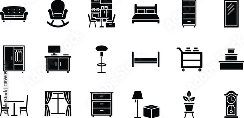 Solid black furniture icons set featuring sofa bed cabinet table lamp home interior vector symbols modern design collection