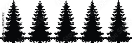 Black spruce pine tree silhouette set, seamless forest border vector illustration, coniferous woodland nature landscape elements for winter holiday christmas cards and web design