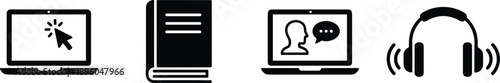 Minimal black line icons set featuring laptop book online chat communication and headphones for digital technology concepts vector
