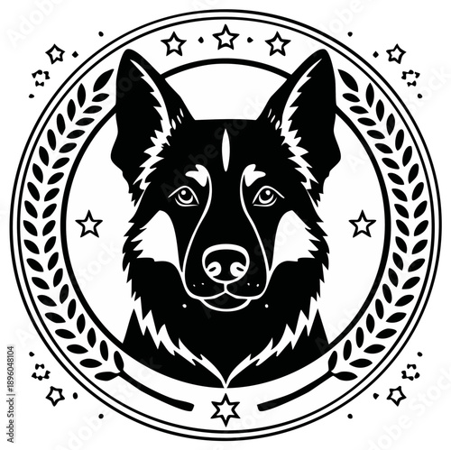 Silhouette illustration of a German Shepherd dog within a laurel wreath and stars