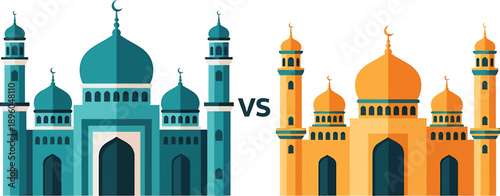 Mosque architecture comparison with mosques in different colors vector