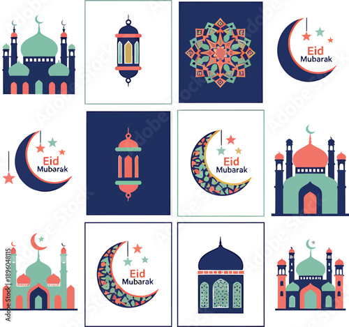 Abstract Islamic art with crescent moon and star motifs