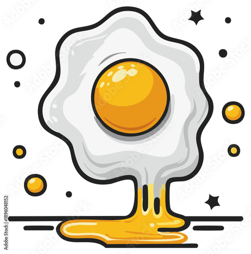Whimsical Cartoon Fried Egg Character with Dripping Yolk and White Outline