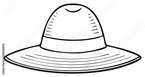 Line drawing of a broad brimmed hat, sun protection, fashion accessory for outdoor activities in vector form