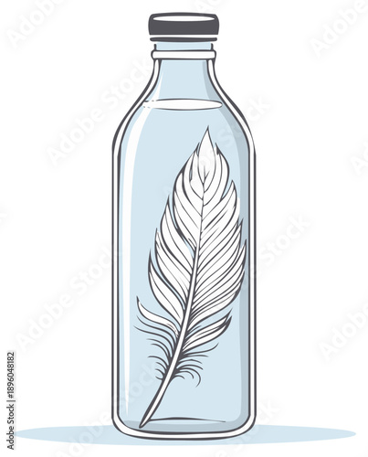 Delicate white feather suspended in a clear glass water bottle vector illustration