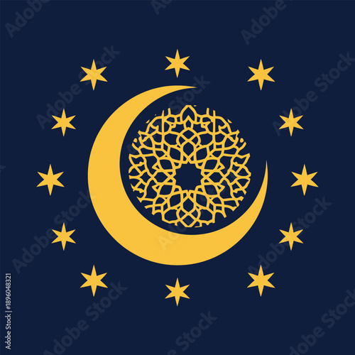 Crescent moon and stars with geometric gold pattern
