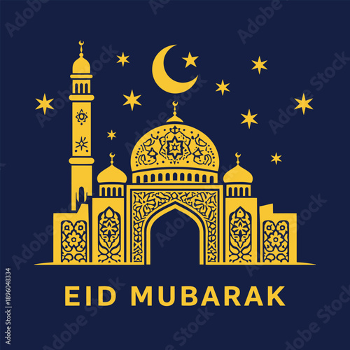 Mosque silhouette and crescent moon for Eid Mubarak greetings