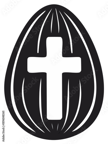 Christian cross inside a decorative Easter egg black and white silhouette vector icon for religious holiday