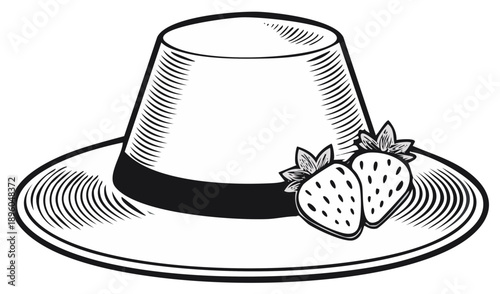 Elegant wide brim hat adorned with two ripe strawberries illustration
