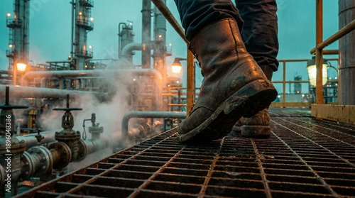 Konstfotografi Industrial worker balancing on a metal grate in a refinery, surrounded by comple