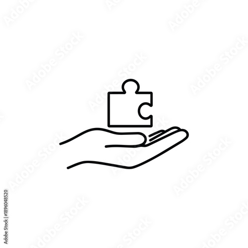 Consulting solution icon hand holding puzzle piece business support concept black and white outline vector illustration