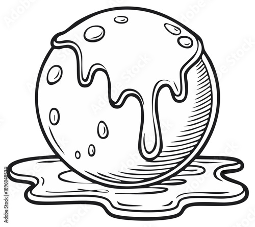 Hand-drawn style ice cream scoop with melting dripping sauce outline drawing