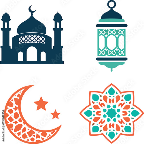 Mosque lantern moon star islamic ornaments eid mubarak icons
