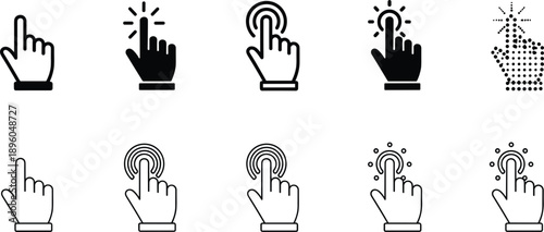 Touch gesture hand icon set with clicking tapping pressing interaction symbols vector illustration outline minimal style