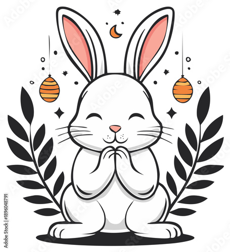 Adorable cartoon white bunny with closed eyes and folded paws, surrounded by decorative branches and Easter eggs
