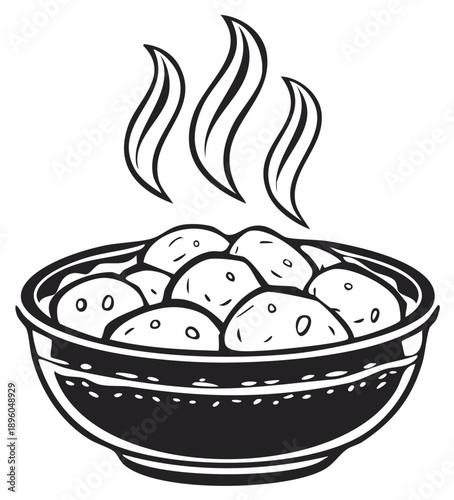 Steaming Bowl of Dumplings Black and White Line Art