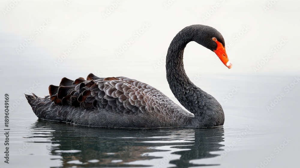 Fototapeta premium Black swan swimming alone on lake, a majestic animal in its natural habitat. Serene wildlife scene for nature and animal concepts.
