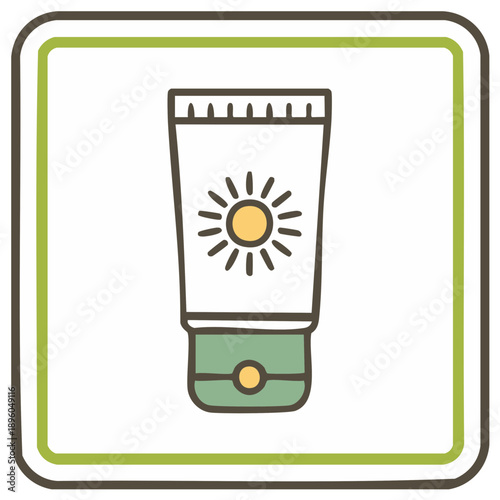 Sunscreen bottle icon illustration inside green frame, summer protective cream