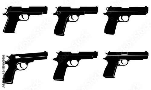 Illustration of multiple handguns arranged in a grid pattern, viewed from the side