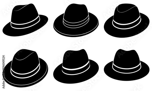 Collection of black fedoras with varying brim styles and white trim