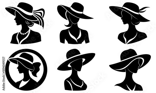 Collection of elegant woman silhouettes wearing fashionable hats from various viewpoints
