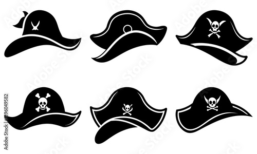 Collection of pirate hats with various emblems and designs on a clean white background