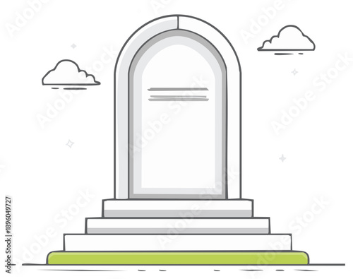 Blank Arch Shaped Gravestone With Stairs and Clouds Minimalist Illustration