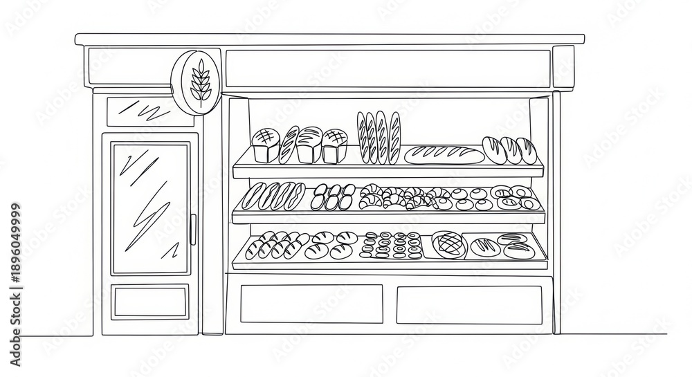 Fototapeta premium Sketch of a bakery storefront display with shelves full of bread and pastries.