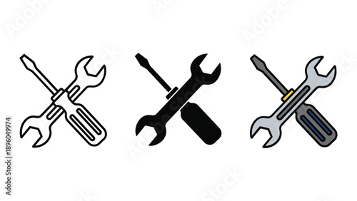 Set of crossed screwdriver and wrench icons in different styles
