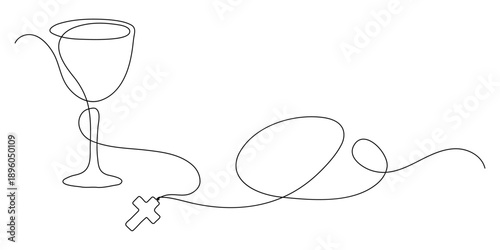 Holly Communion. Chalice with bread and cross. Continuous line drawing. Christianity religion concept. Frame border.