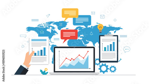 Global business analytics and data reporting concept with laptop displaying charts and hands holding documents.