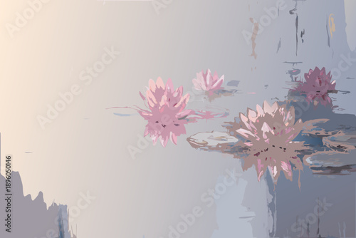 Abstract floral illustration with pink blooms and subtle water reflections