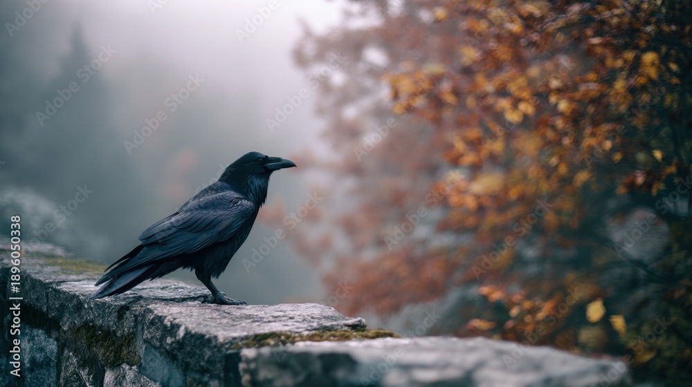 Naklejka premium Black raven perched on mossy stone wall with autumn foliage background. Fall season outdoor bird wildlife concept. Nature scene.