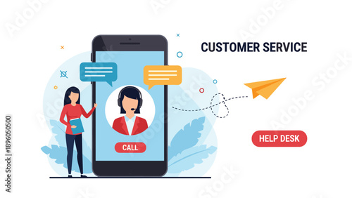 Customer service and help desk support concept featuring a woman using a mobile assistance smartphone application.